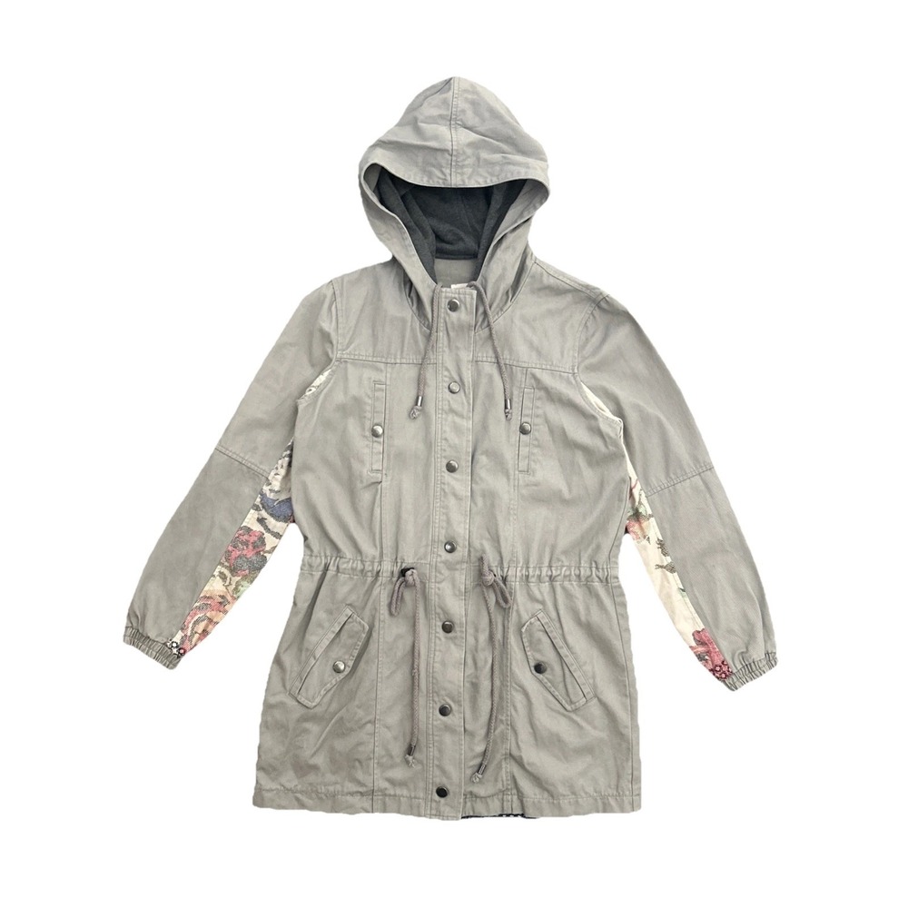 Skies Are Blue XS Hooded Utility Jacket Floral Back Contrast‎ Boho Parka Coat